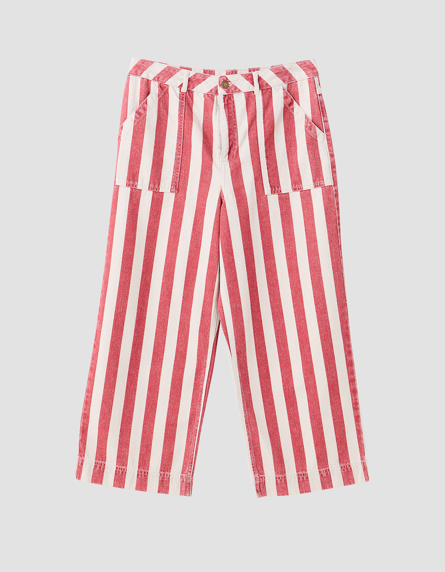 Red & Ecru Striped Cropped Wide Leg Jeans